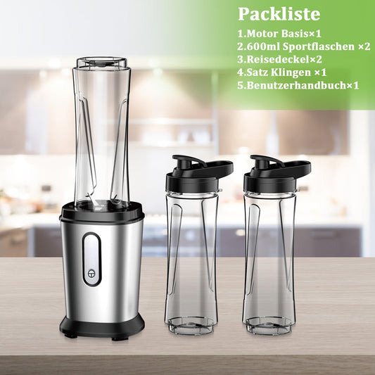 500W Mini Standmixer Smoothie Maker Smoothie Mixer 500W 4 Klingen Silber